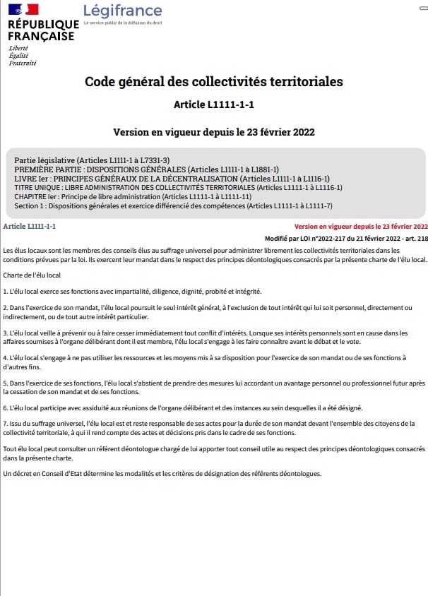 règles de déontologie que les élus locaux doivent respecter fixés à l'article L1111-1-1 du code général des collectivités territoriales